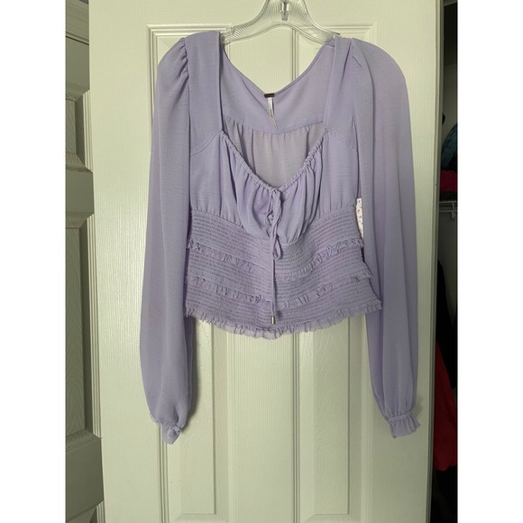 Free People Sm Purple Lolita Smocked Square Neck‎ Puff Sleeve Peasant Blouse Top - Picture 2 of 9